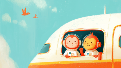 Kids-Mundo flat artwork preview of a monkey and bird astronaut peeking from an aeroplane window.