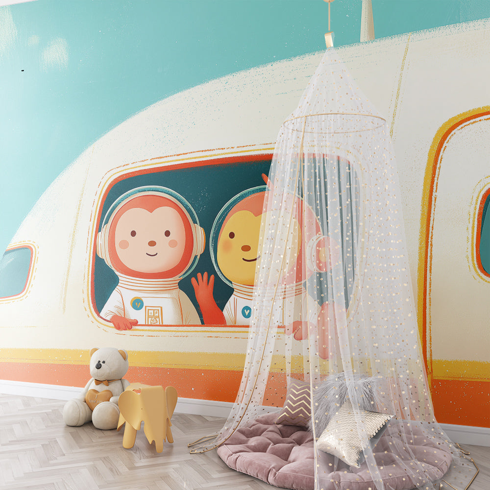 Kids-Mundo monkey and bird astronaut mural brightening a playroom with flying birds.