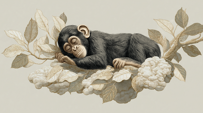 Kids-Mundo flat artwork of a sleeping baby monkey resting on a beige cloud of leaves