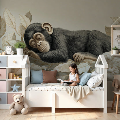 Kids-Mundo sleeping baby monkey wall mural in beige tones on a nursery wall with a cot