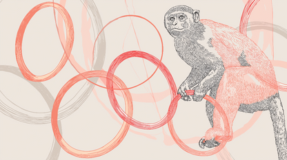 Kids-Mundo flat artwork preview of a sketched monkey among coral watercolour rings on beige.