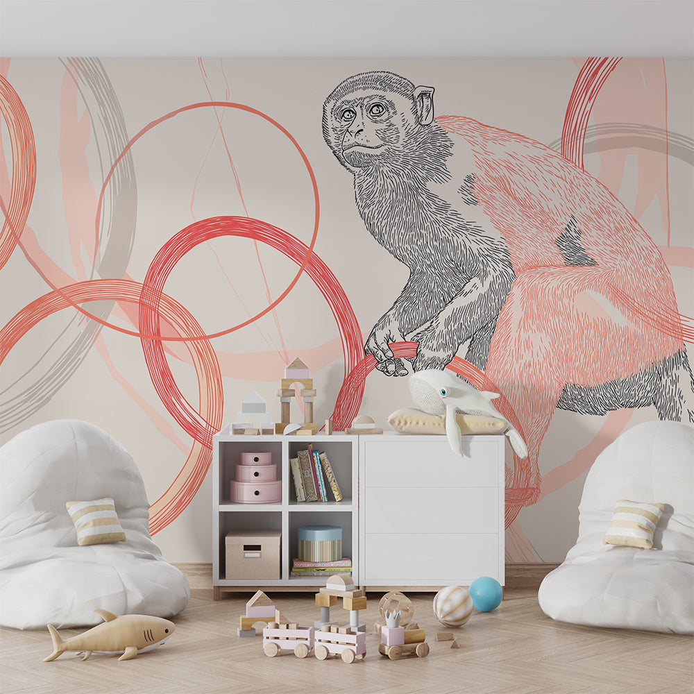 Kids-Mundo hand-sketched monkey mural with swirling coral rings in a bright playroom.