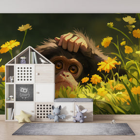 Animal garden mural wallpaper with golden flowers in modern kids bedroom by Kids-Mundo