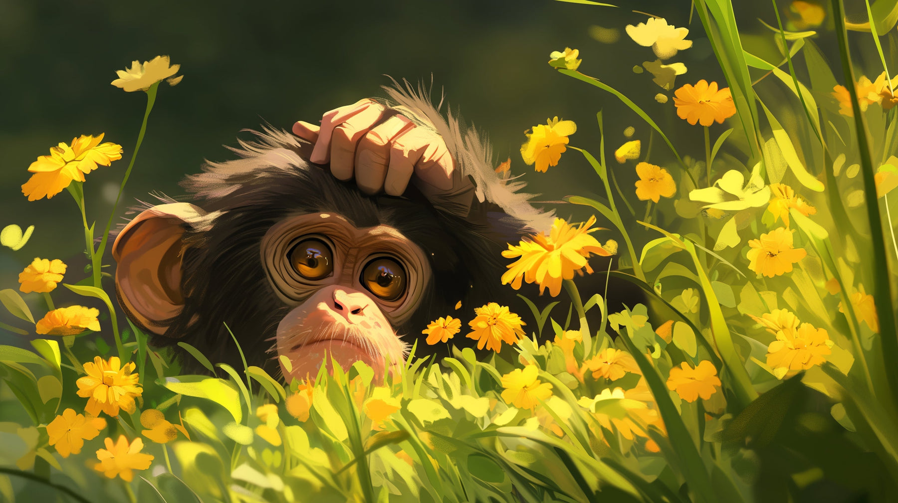 Detailed curious monkey and golden flowers mural wallpaper design pattern by Kids-Mundo