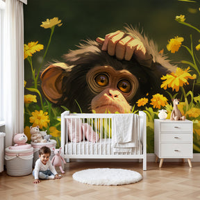 Curious monkey floral mural wallpaper creating magical nursery decor by Kids-Mundo
