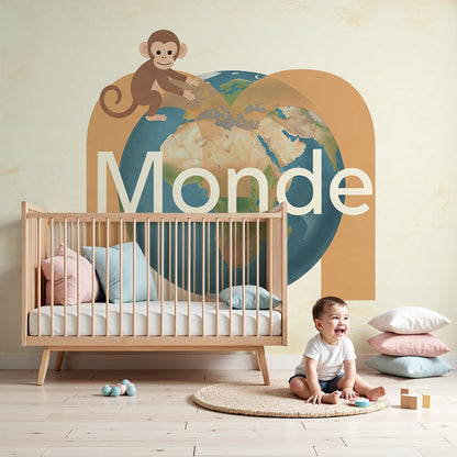 Kids-Mundo monkey and globe wall mural made to measure in a warm-toned nursery