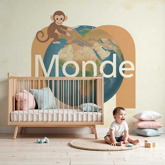 Kids-Mundo monkey and globe wall mural made to measure in a warm-toned nursery