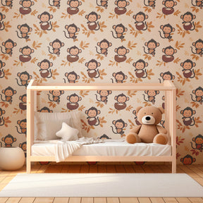 Playful monkey mural wallpaper in cozy kids bedroom with wooden furniture