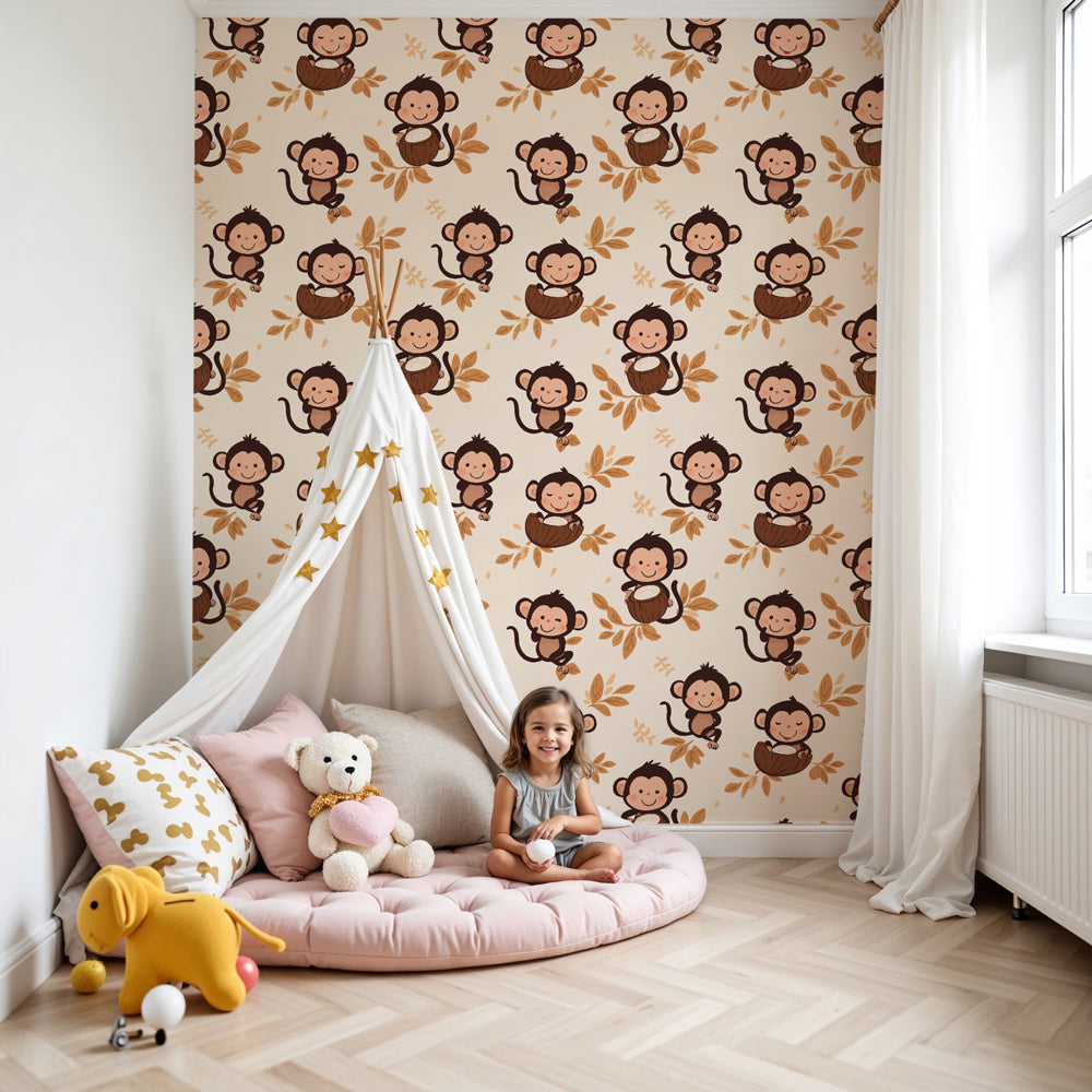 Monkey jungle mural wallpaper in modern nursery with natural wooden crib by Kids-Mundo
