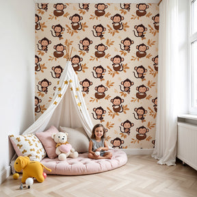 Monkey jungle mural wallpaper in modern nursery with natural wooden crib by Kids-Mundo