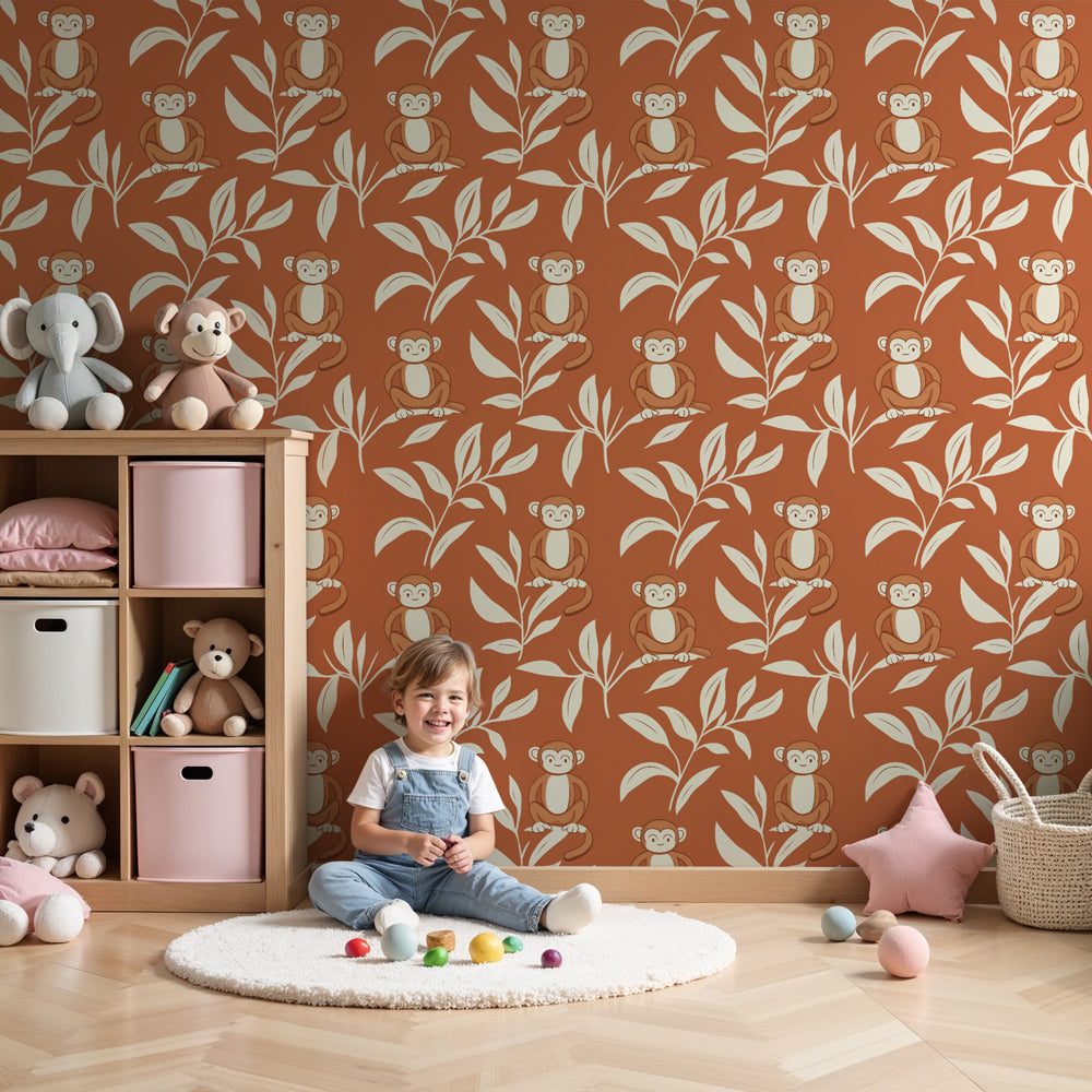Monkey jungle mural wallpaper creating playful nursery decor with terracotta tones by Kids-Mundo