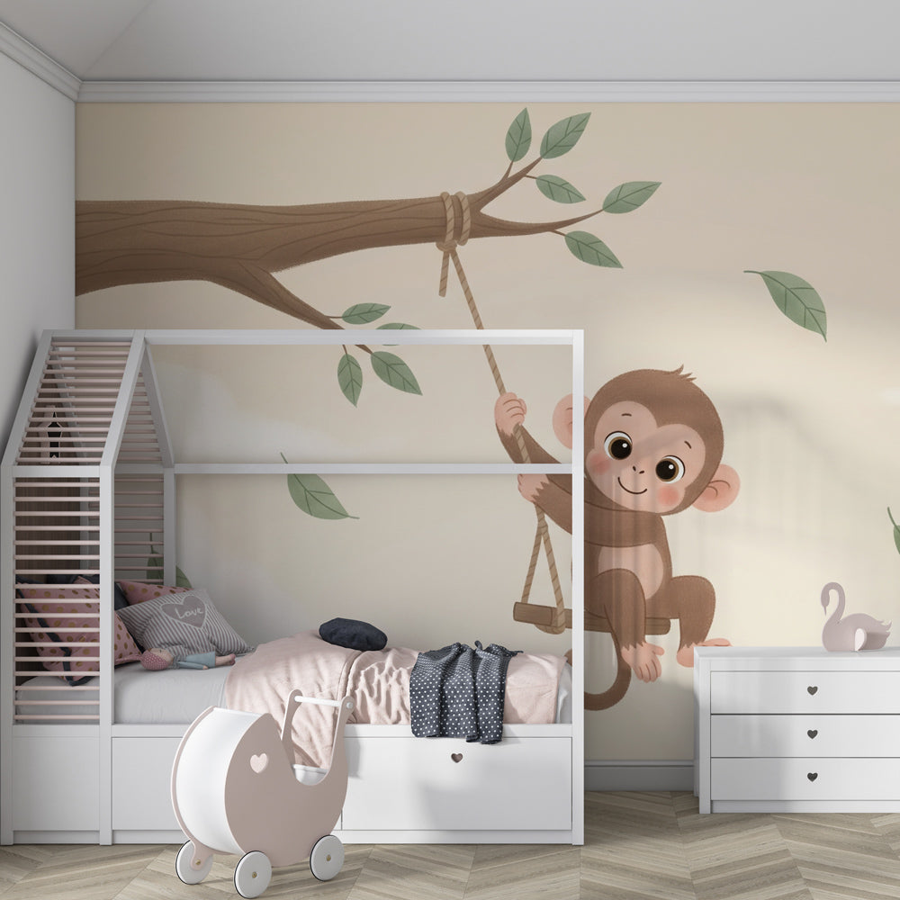 Monkey nursery wallpaper with soft pastel clouds transforming baby room decor