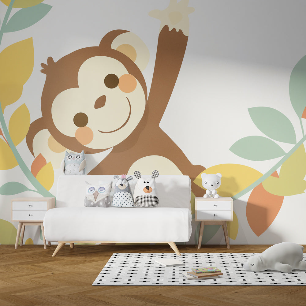 Safari monkey wallpaper creating cozy atmosphere in baby bedroom with natural wood furniture