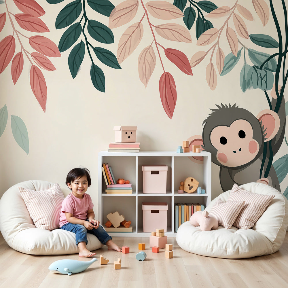 Playful monkey mural wallpaper in modern baby nursery with soft safari theme by Kids-Mundo