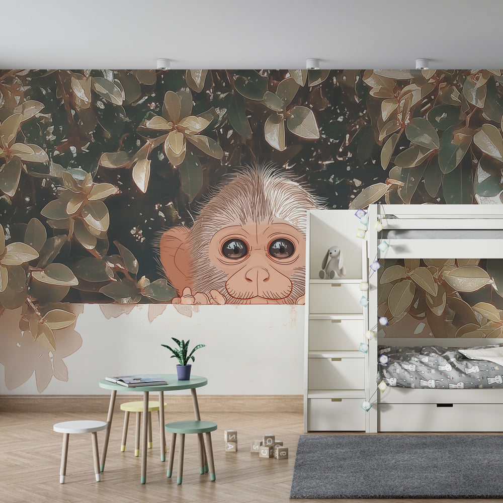 Tropical monkey wallpaper creating adventurous kids bedroom decor with green foliage theme