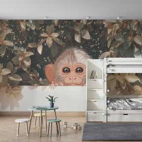 Tropical monkey wallpaper creating adventurous kids bedroom decor with green foliage theme
