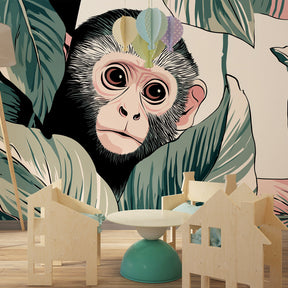 Tropical monkey wallpaper transforming children's bedroom with lush jungle foliage and natural tones