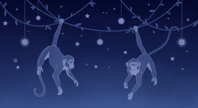 Detailed monkey mural wallpaper design pattern showing playful primates under starry night by Kids-Mundo