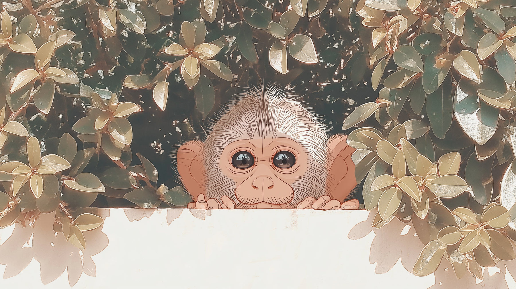 Detailed curious monkey mural wallpaper design pattern with tropical foliage by Kids-Mundo
