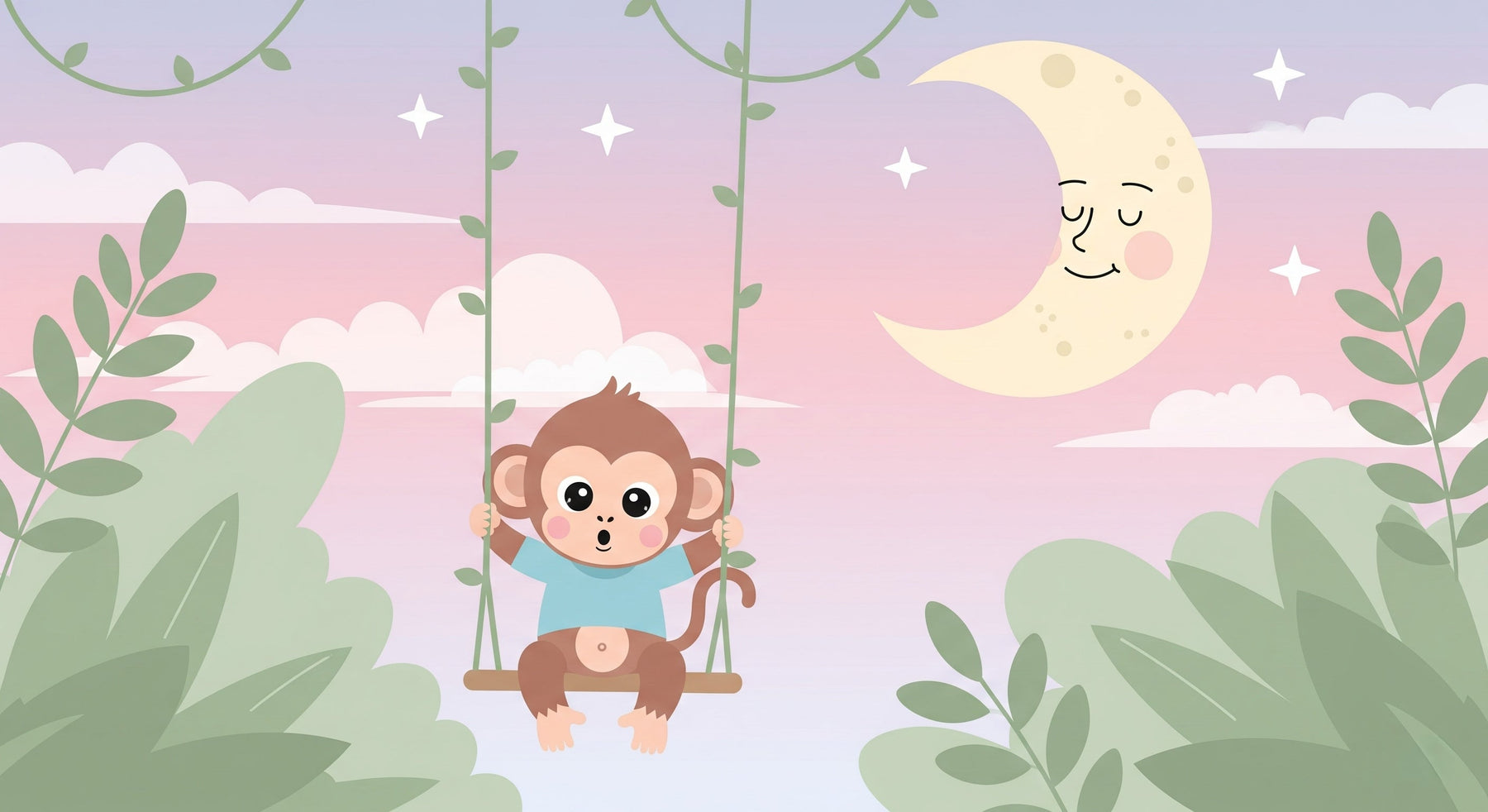 Detailed monkey swing under moon mural wallpaper design pattern with stars by Kids-Mundo