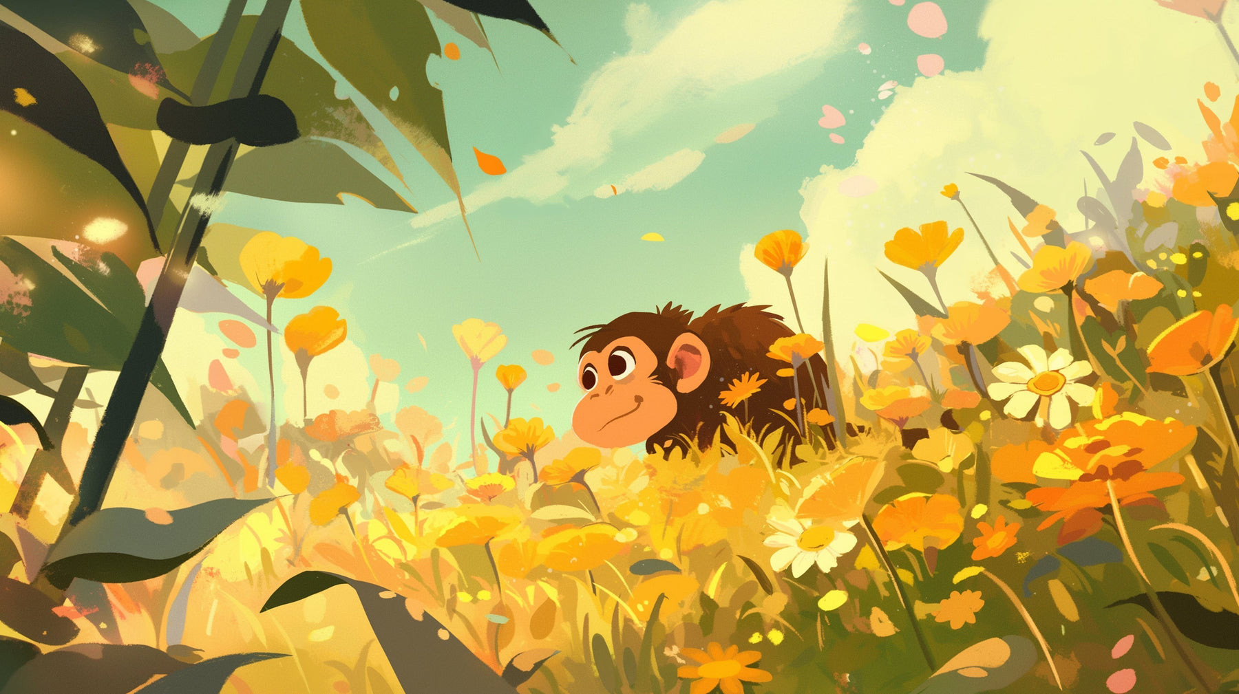 Detailed monkey and flower field mural wallpaper design pattern showing playful animal artwork by Kids-Mundo