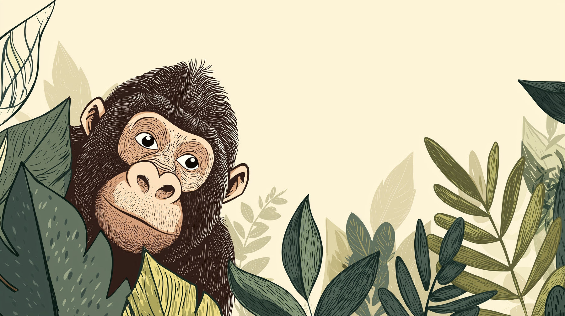 Detailed curious monkey mural wallpaper design pattern with tropical foliage by Kids-Mundo