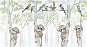 Detailed monkey mural wallpaper design pattern with primates and colorful birds by Kids-Mundo