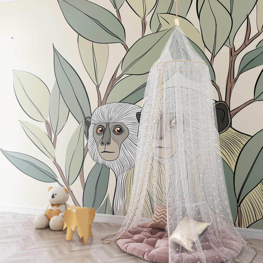Close-up of monkey and foliage mural wallpaper showing artistic watercolor details for kids rooms