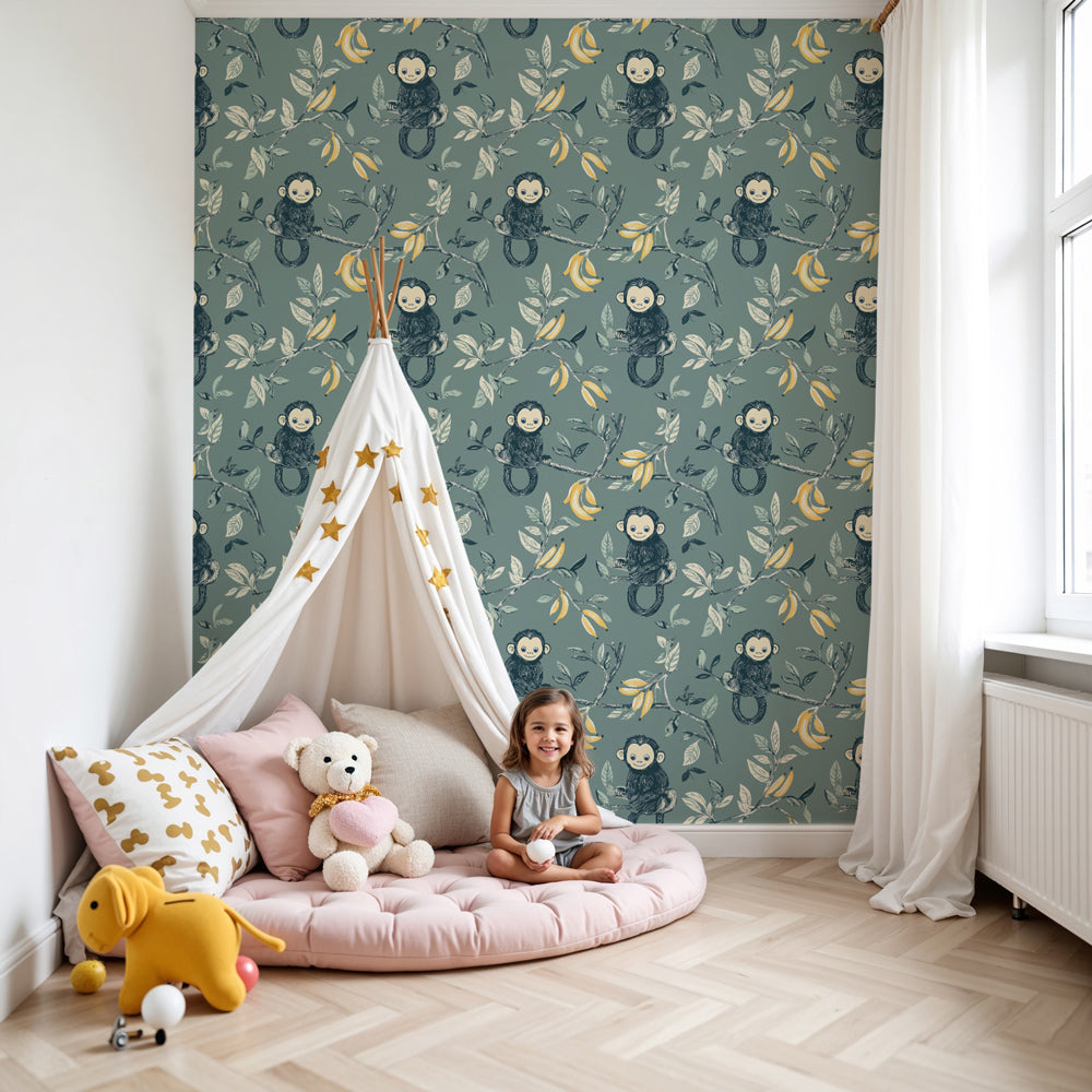Monkey mural wallpaper in bright nursery with natural wood furniture by Kids-Mundo