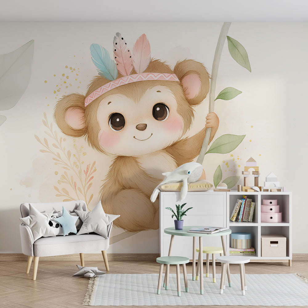 Adorable monkey wall mural with floral details for gentle jungle themed kids room