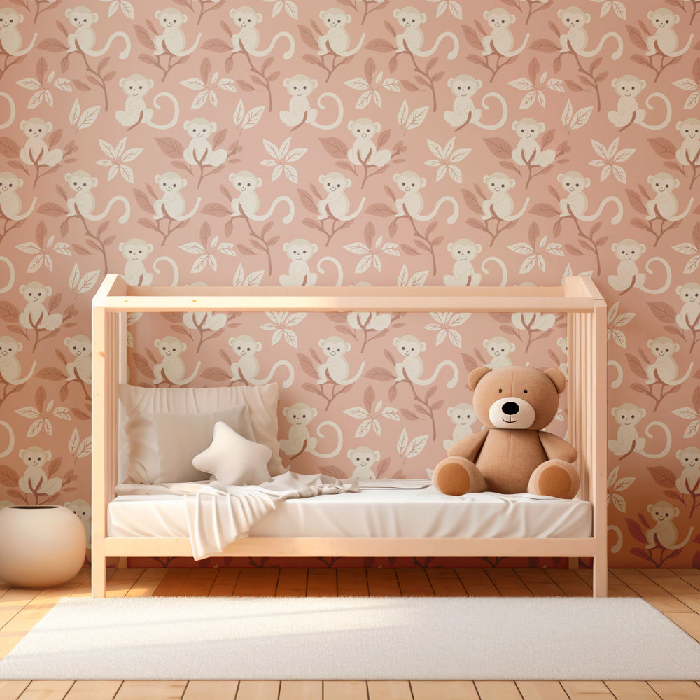 Pink monkey wallpaper transforming children's bedroom into whimsical jungle adventure space