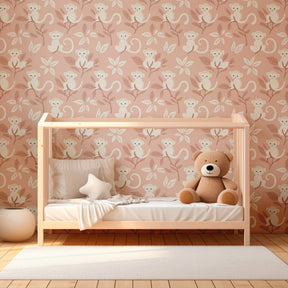 Pink monkey wallpaper transforming children's bedroom into whimsical jungle adventure space