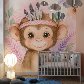 Whimsical monkey wallpaper with pastel flowers creating playful children's bedroom decor