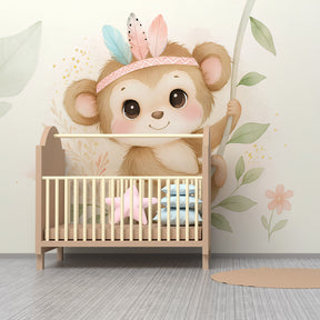 Safari monkey wallpaper creating playful atmosphere in children's bedroom decor