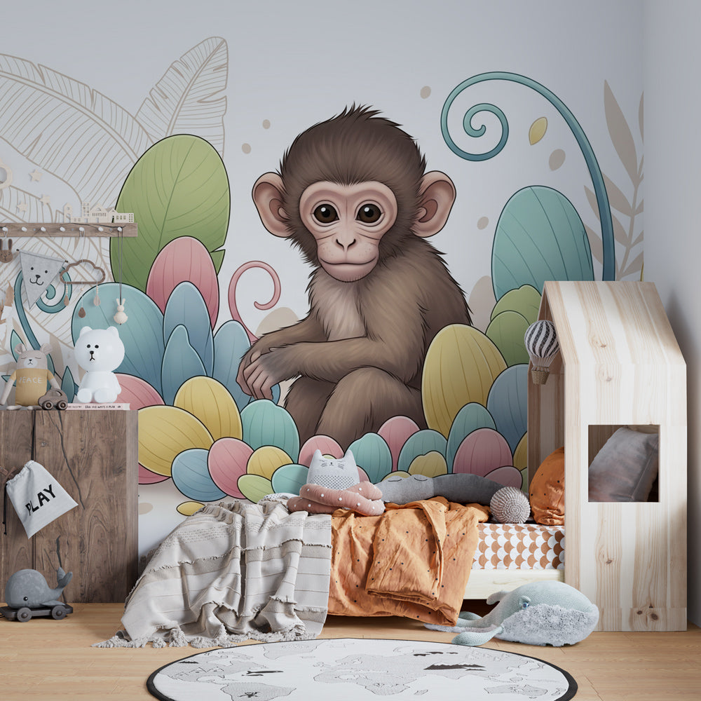 Animal-themed monkey wallpaper creating playful atmosphere in children's bedroom