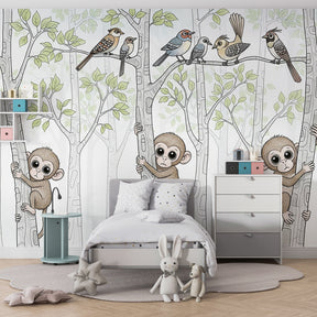 Jungle themed monkey wallpaper creating adventurous atmosphere in children's bedroom