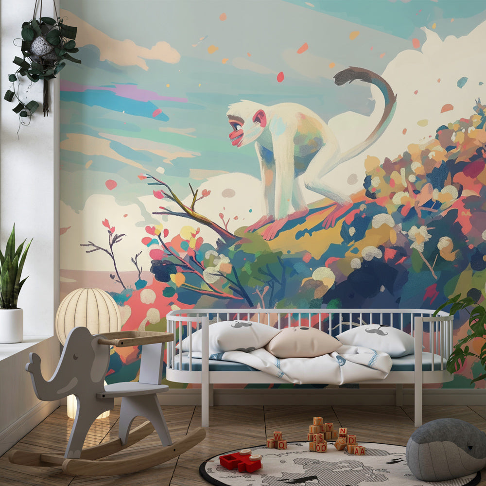 Whimsical monkey and flowers mural wallpaper transforming playful kids room decor by Kids-Mundo