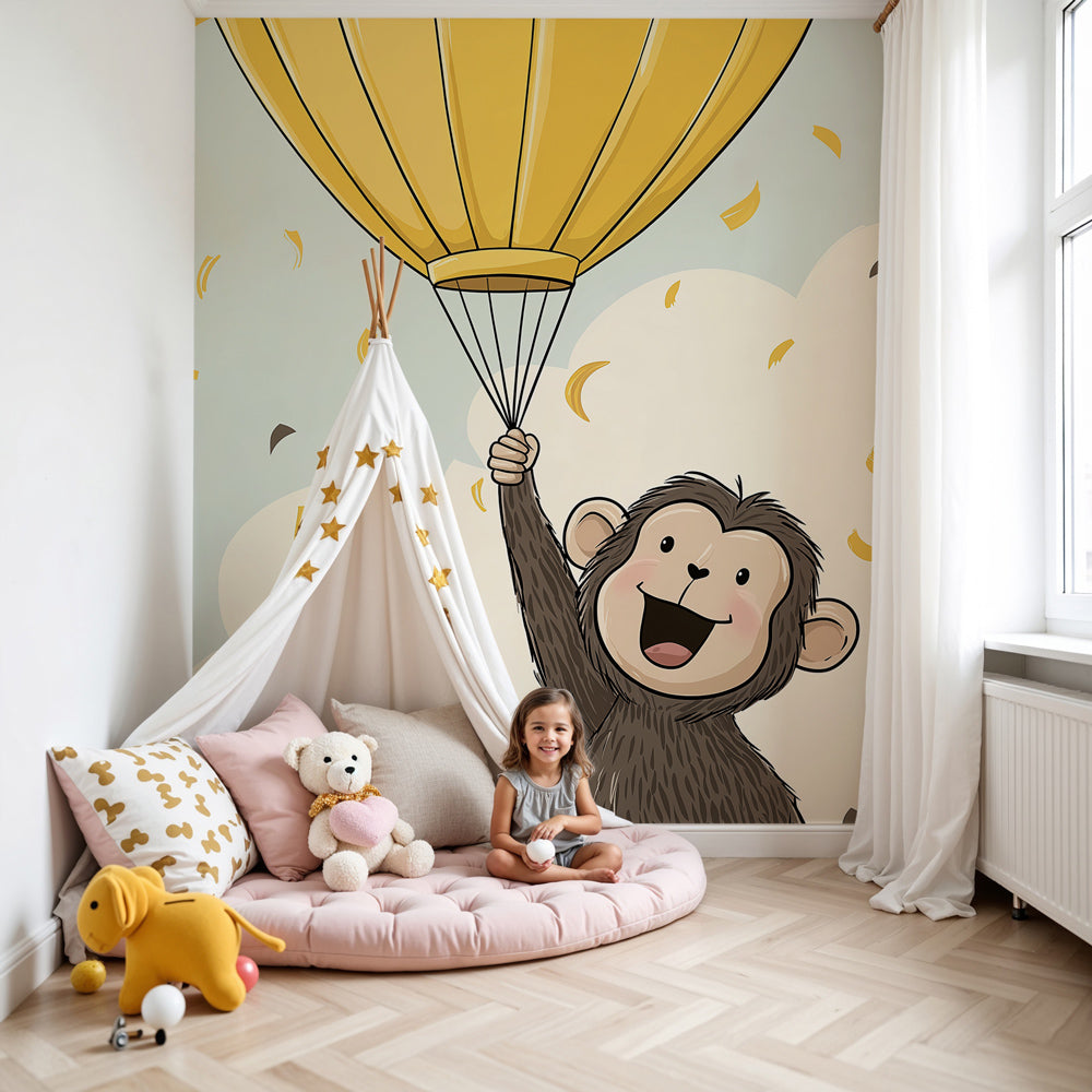 Monkey adventure mural wallpaper in modern nursery with wooden crib by Kids-Mundo