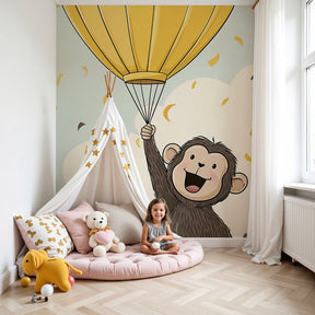 Monkey adventure mural wallpaper in modern nursery with wooden crib by Kids-Mundo