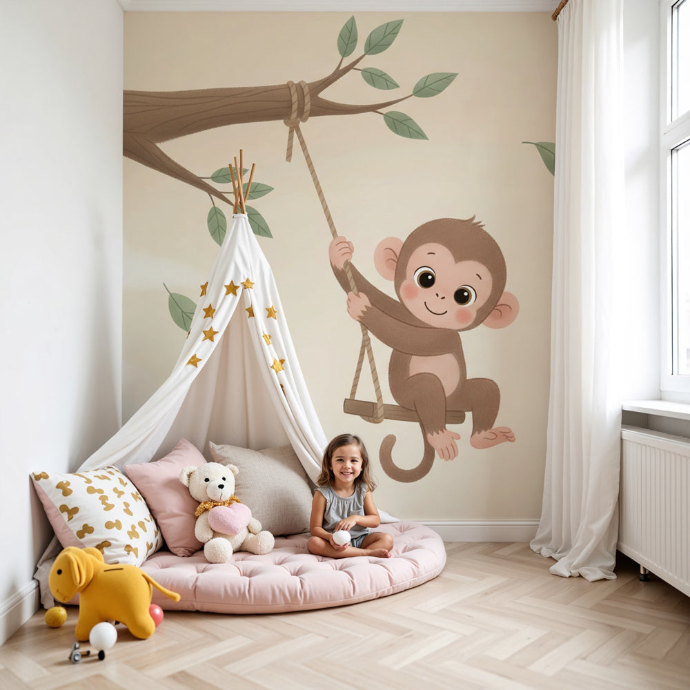 Playful monkey mural wallpaper creating magical nursery atmosphere with clouds by Kids-Mundo