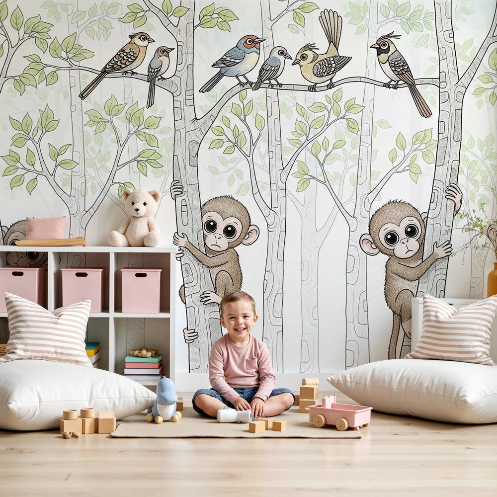 Monkey mural wallpaper with playful primates in elegant nursery setting by Kids-Mundo