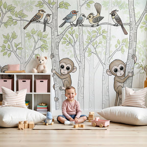 Monkey mural wallpaper with playful primates in elegant nursery setting by Kids-Mundo