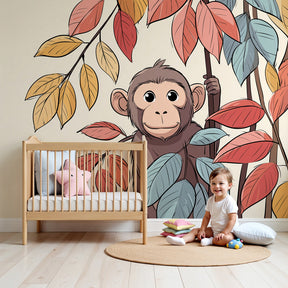 Curious monkey mural wallpaper creating playful jungle nursery decor by Kids-Mundo