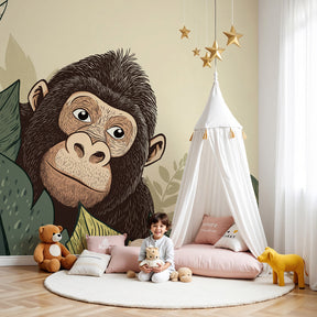 Curious monkey mural wallpaper creating tropical nursery decor with lush green foliage by Kids-Mundo