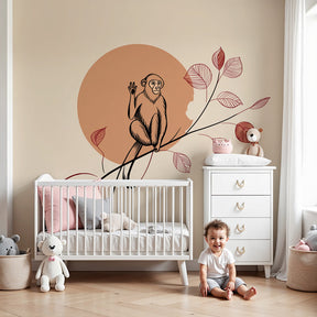 Playful monkey mural wallpaper in bright nursery room setting by Kids-Mundo