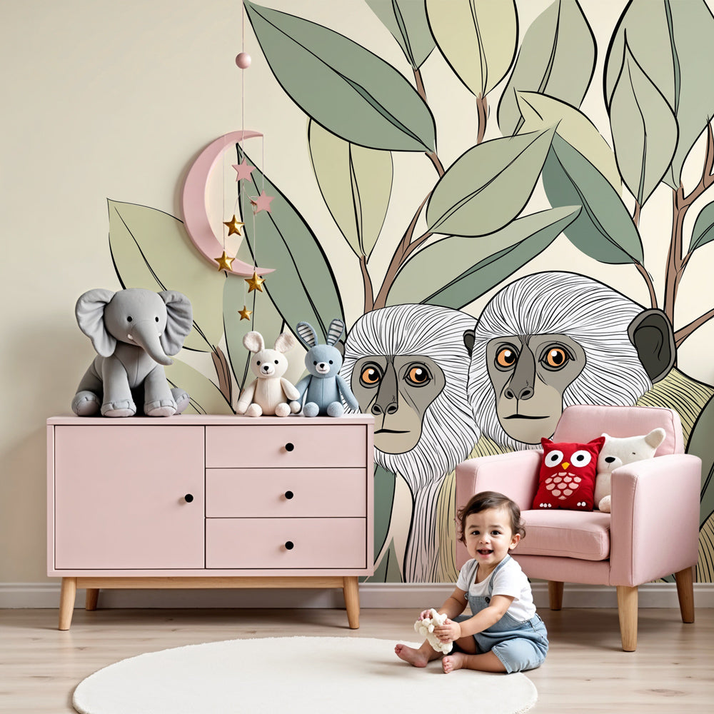 Curious monkey mural wallpaper in modern nursery with natural wood furniture by Kids-Mundo
