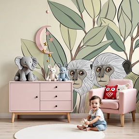 Curious monkey mural wallpaper in modern nursery with natural wood furniture by Kids-Mundo