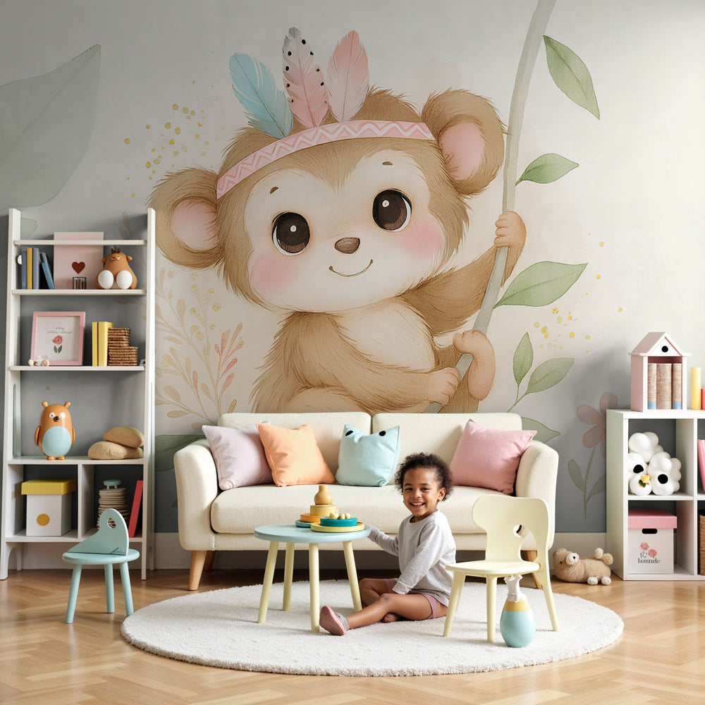 Cute monkey mural wallpaper decorating modern nursery with soft safari theme by Kids-Mundo