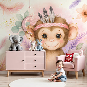 Happy monkey mural wallpaper with floral design decorating modern nursery by Kids-Mundo