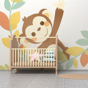 Monkey and leaves mural wallpaper with pastel colors for gentle nursery decor by Kids-Mundo
